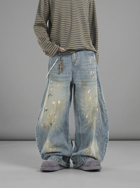 Hand-Painted Gold Splatter Curved Barrel Wide-Leg Denim Jeans