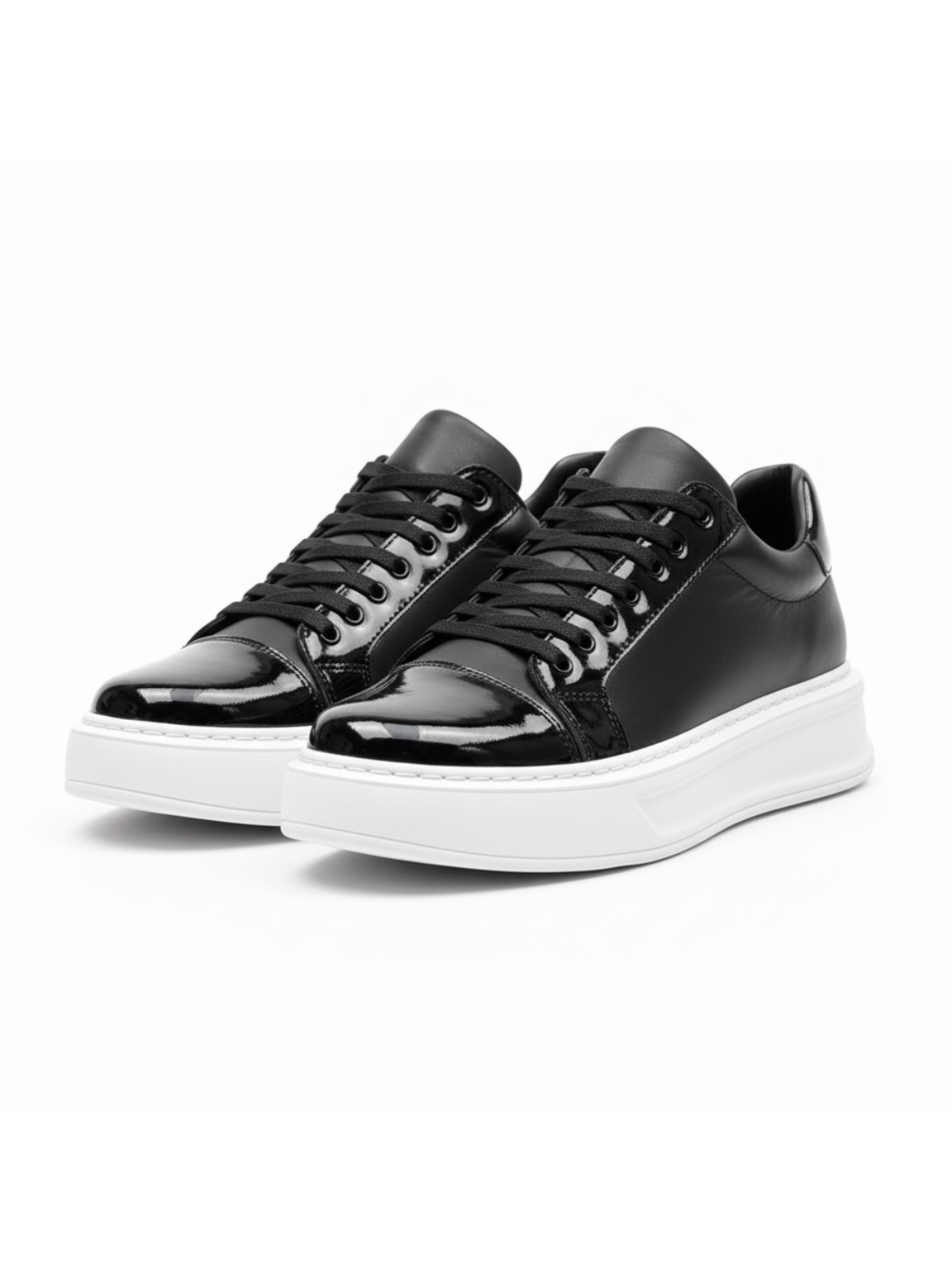 Titan Axis patent black sneaker with white sole by Apollo Moda, third angle