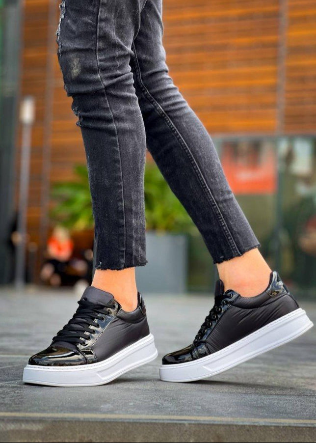 Men's Titan Axis patent black sneaker with white chunky sole by Apollo Moda, fifth angle