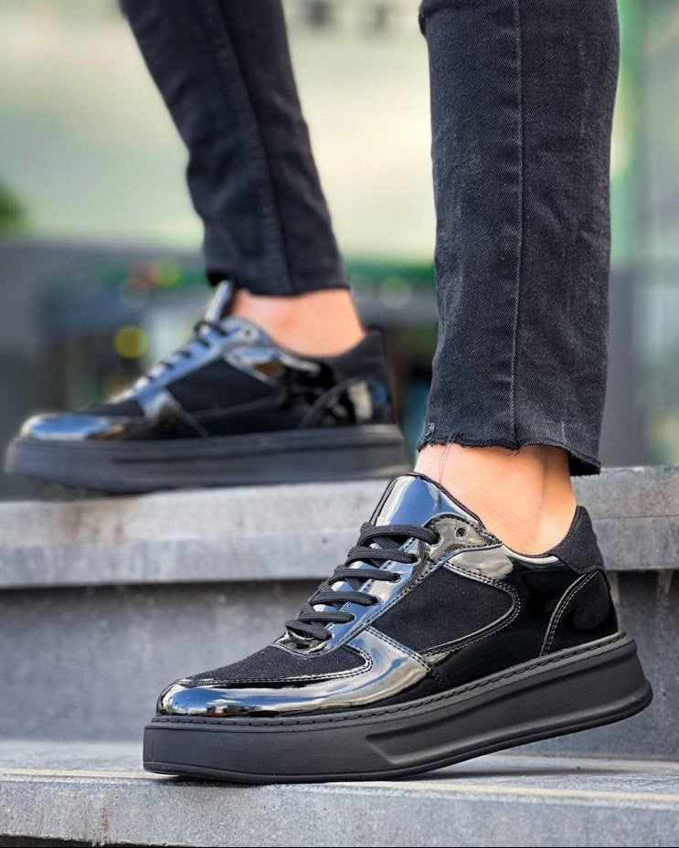 Men's Artemis Shadow by Apollo Moda, glossy all-black chunky sole sneaker, second angle
