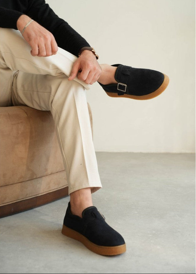 Arden Flux brown suede slip-on shoe with buckle by Apollo Moda, third angle