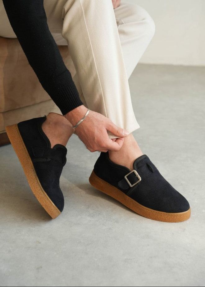 Men's Arden Flux by Apollo Moda, brown suede buckle slip-on with faux fur lining, second angle