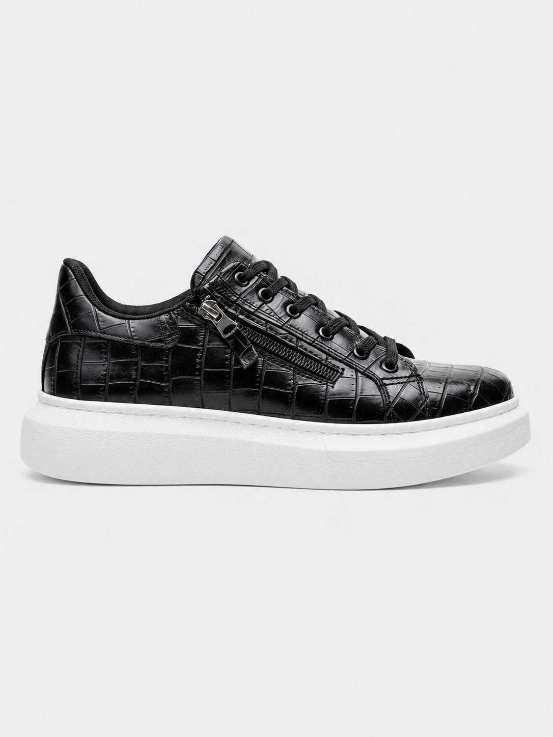 Apollo Moda Men's Aether Noir black crocodile-textured sneaker with white sole, main product photo