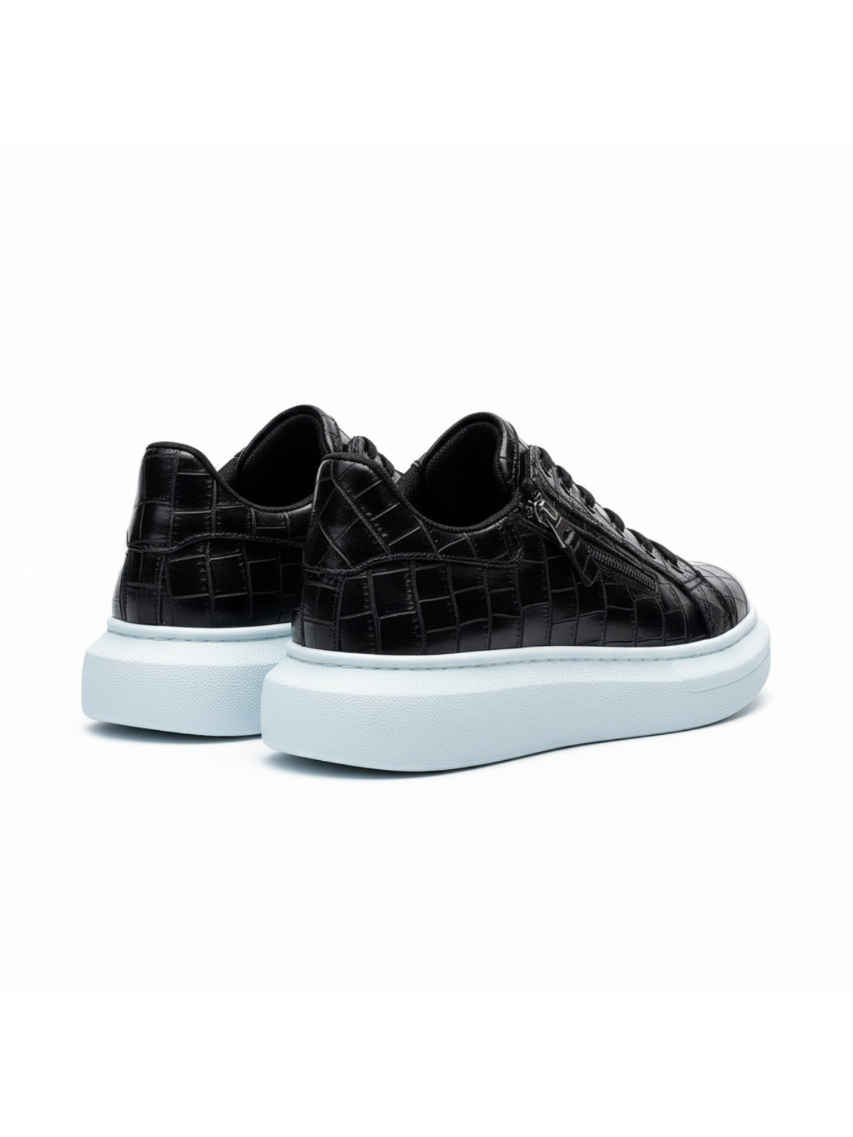 Men's Aether Noir by Apollo Moda, black croc-embossed sneaker with side zipper and white sole, third angle