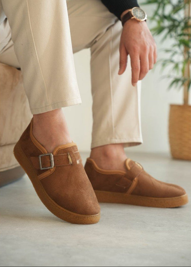 Men's Arden Chestnut by Apollo Moda, chestnut suede buckle slip-on with faux fur lining, third angle