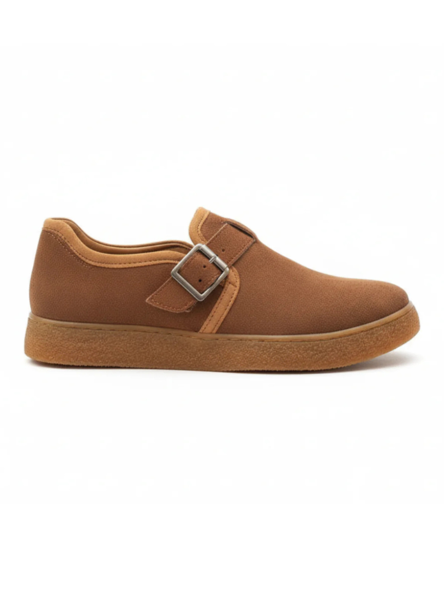 Arden Chestnut brown suede slip-on shoe with buckle by Apollo Moda, fifth angle