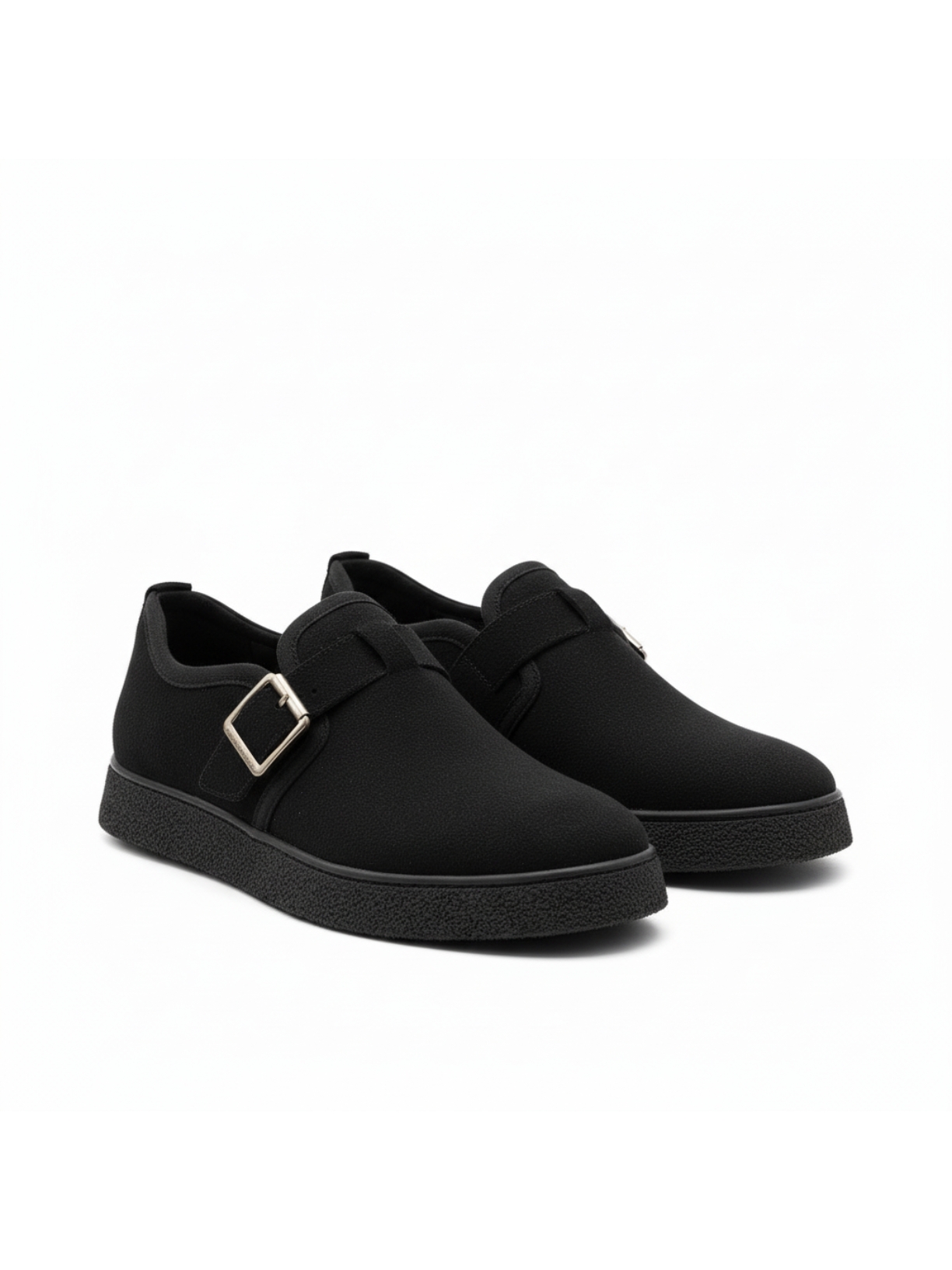 Men's Arden Onyx by Apollo Moda, black suede buckle slip-on with faux fur lining, third angle