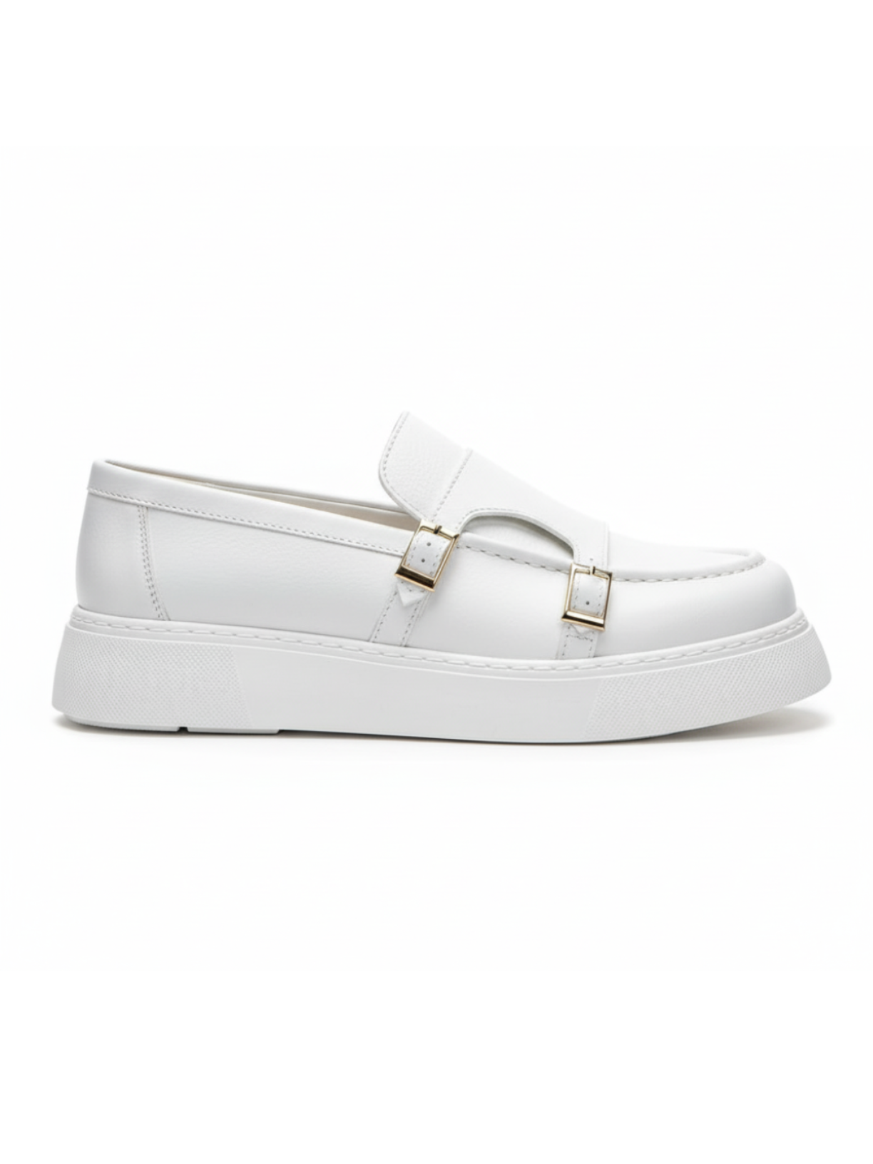 Zion Pristine Purity white platform loafer with dual buckles by Apollo Moda, third angle