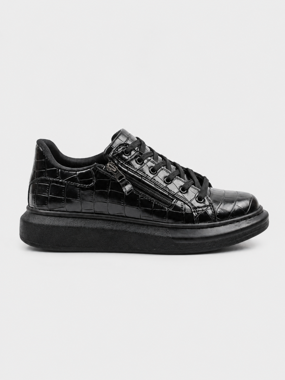 Apollo Moda Men's Aether Onyx patent black crocodile-textured sneaker with side zipper, main product photo