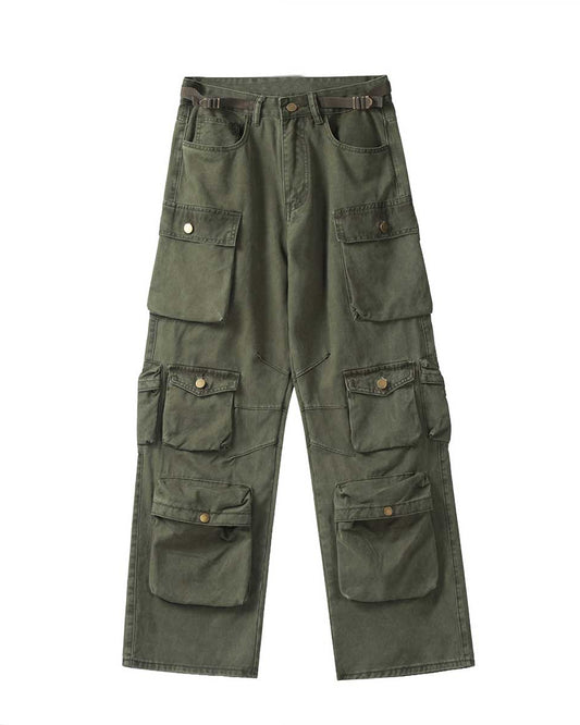 Vintage Washed Multi-Pocket Wide-Leg Cargo Pants