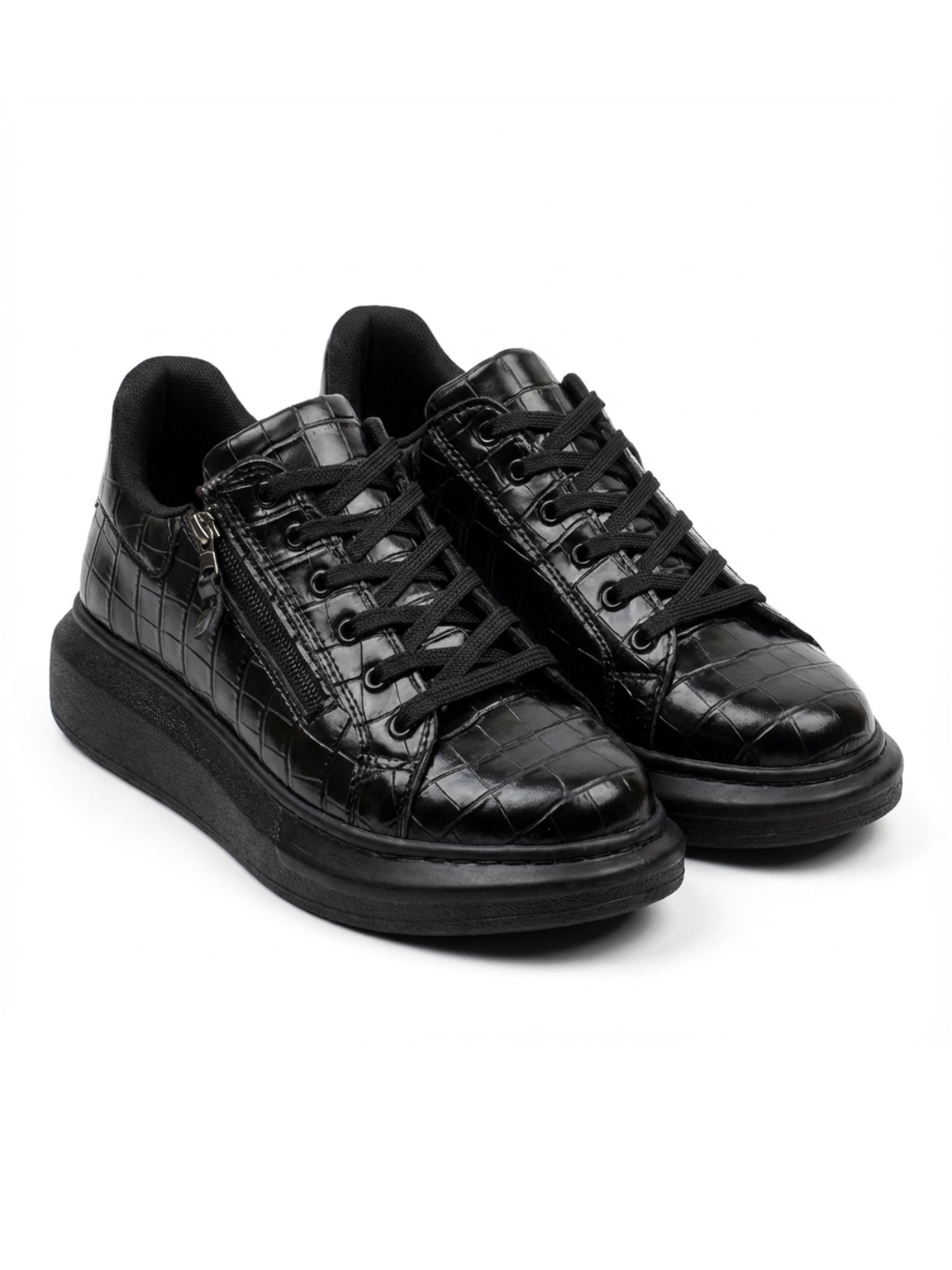 Aether Onyx patent black crocodile-textured sneaker with side zipper by Apollo Moda, third angle