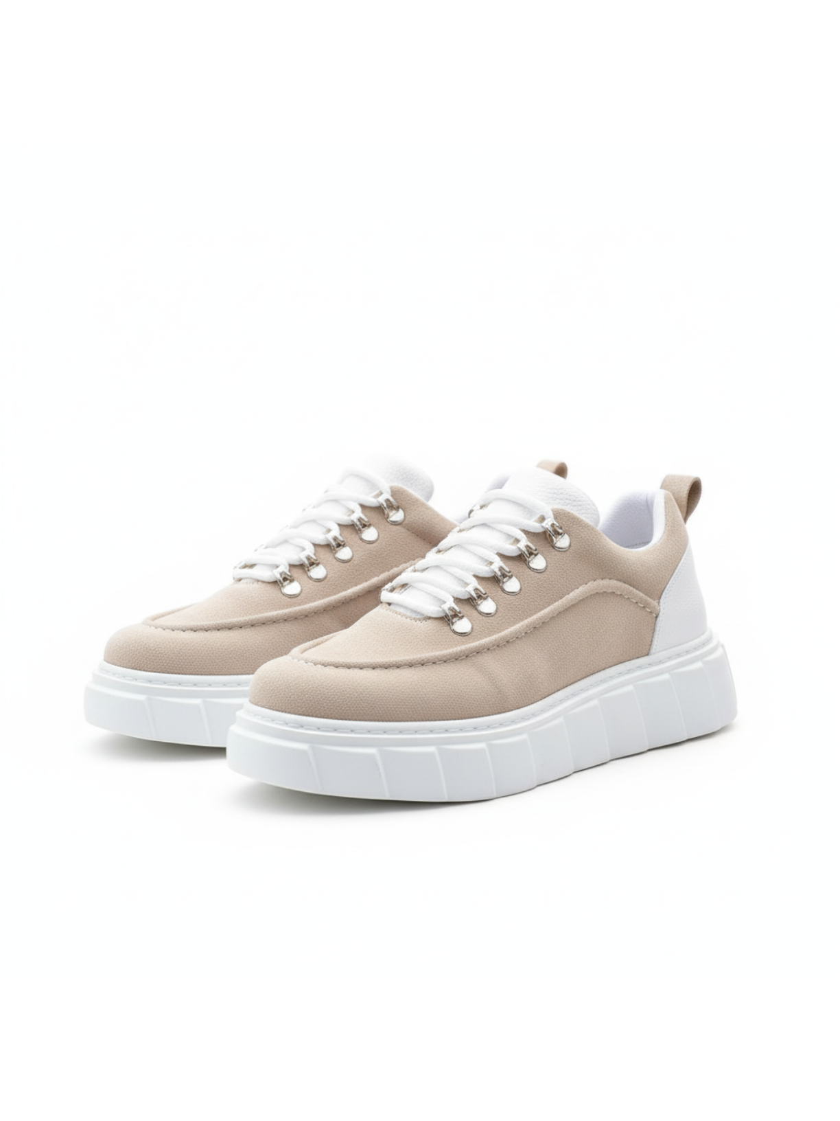 Vega Ivory beige platform sneaker with metal hook eyelets by Apollo Moda, third angle