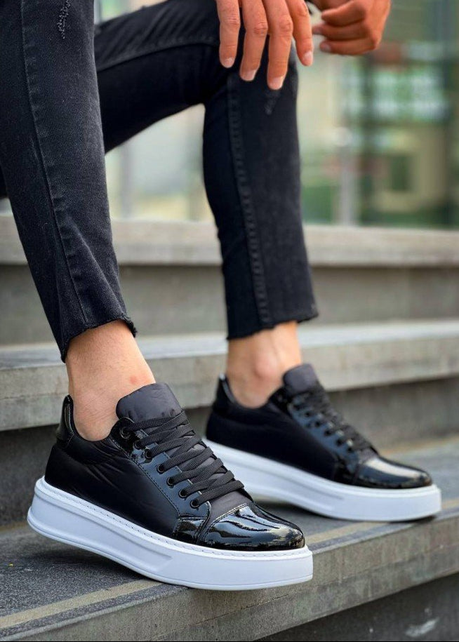Titan Axis glossy black and white casual sneaker by Apollo Moda, sixth angle