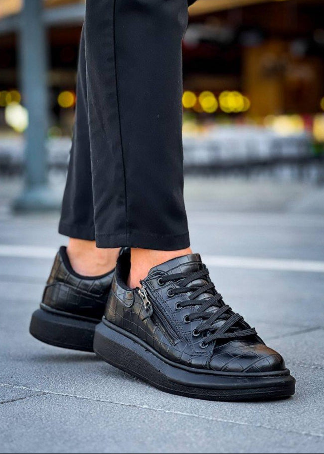 Aether Onyx glossy black croc-embossed sneaker by Apollo Moda, sixth angle