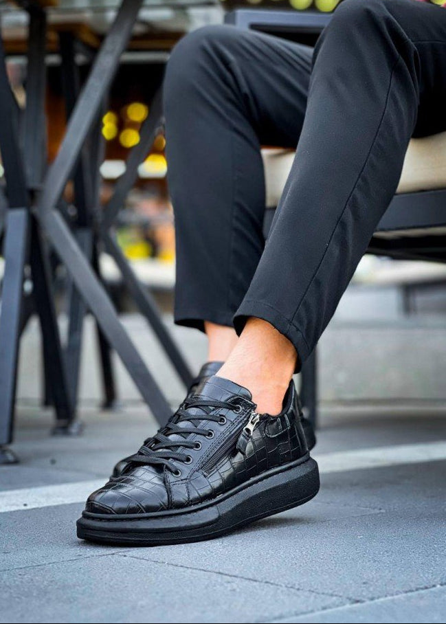 Men's Aether Onyx patent black crocodile-textured low-top sneaker by Apollo Moda, fifth angle