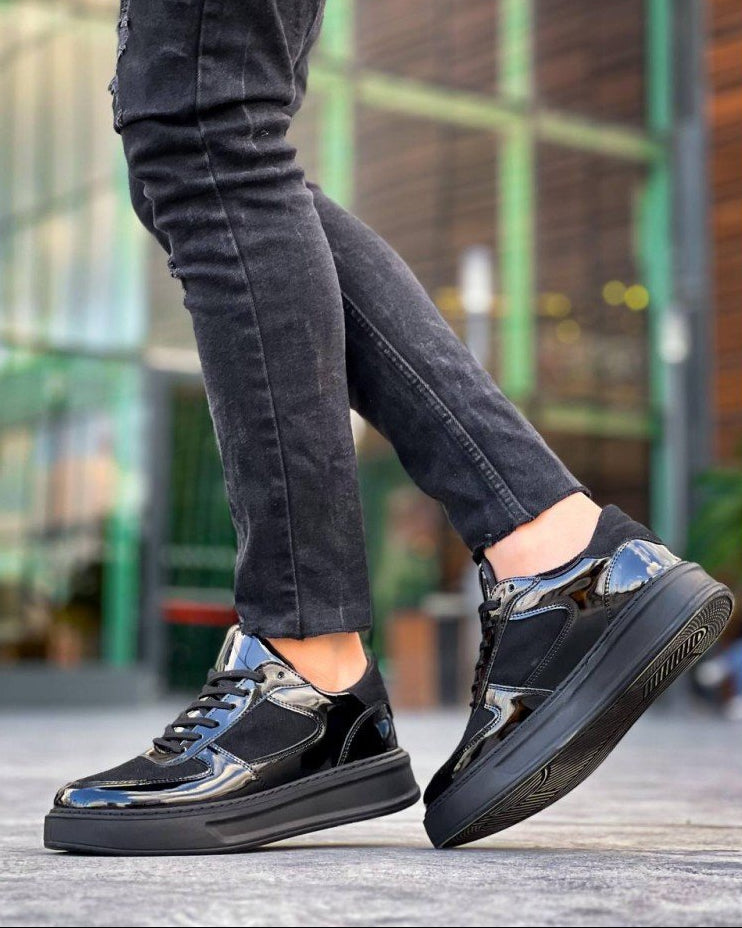 Artemis Shadow glossy black chunky sneaker by Apollo Moda, sixth angle