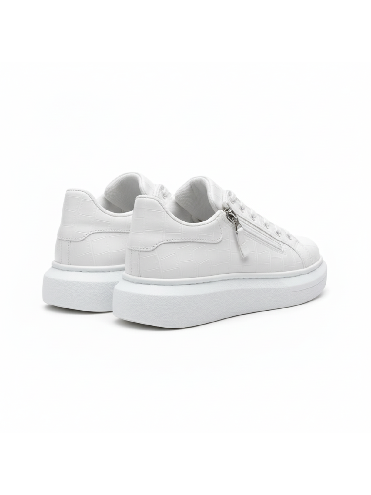 Men's Aether Blanc by Apollo Moda, white croc-embossed low-top sneaker with side zipper, third angle