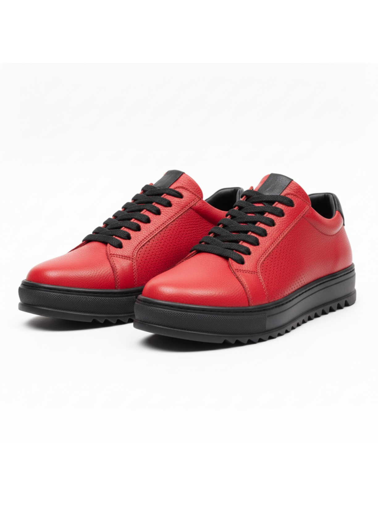 Men's Arion Flame by Apollo Moda, red leather sneaker with black sole and perforated panels, third angle