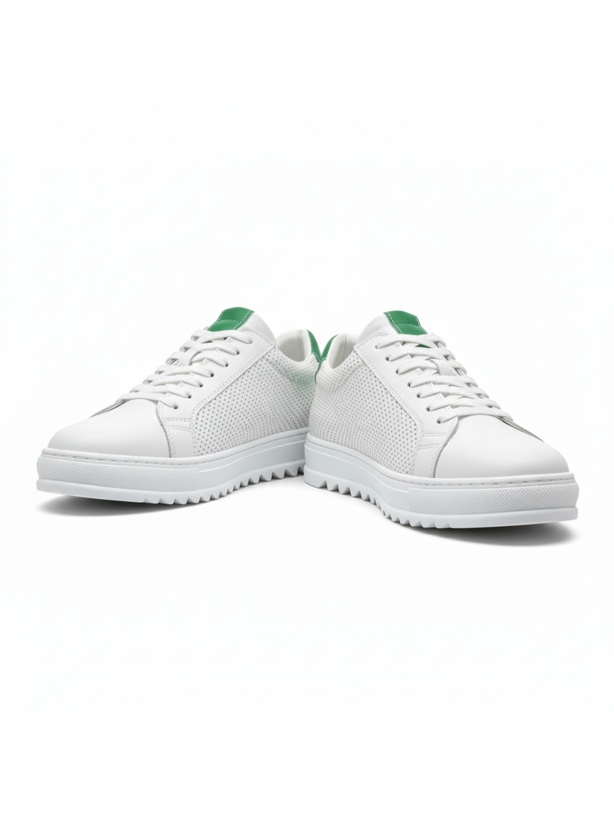 Men's Arion Verde by Apollo Moda, white leather low-top with green trim and perforated panels, third angle