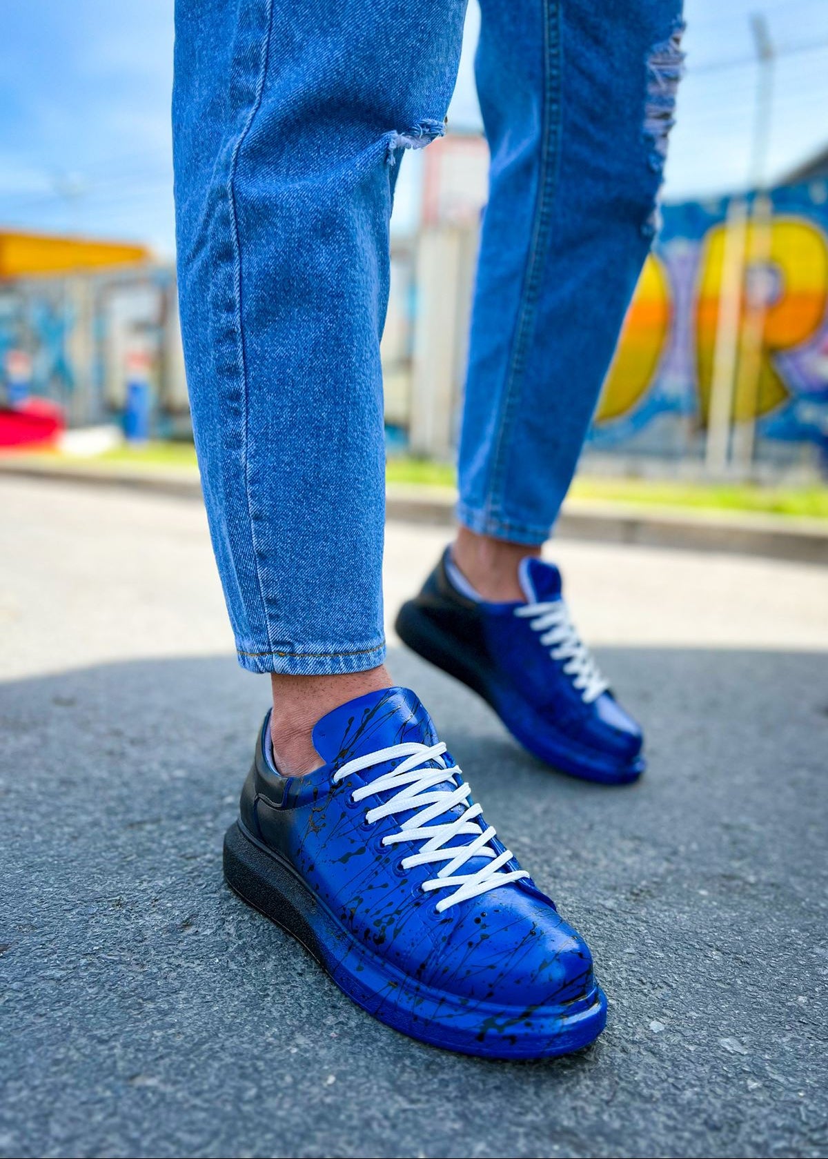 Men's Color Wave Dynamic Duo by Apollo Moda, hand-painted blue and white splatter sneaker, second angle