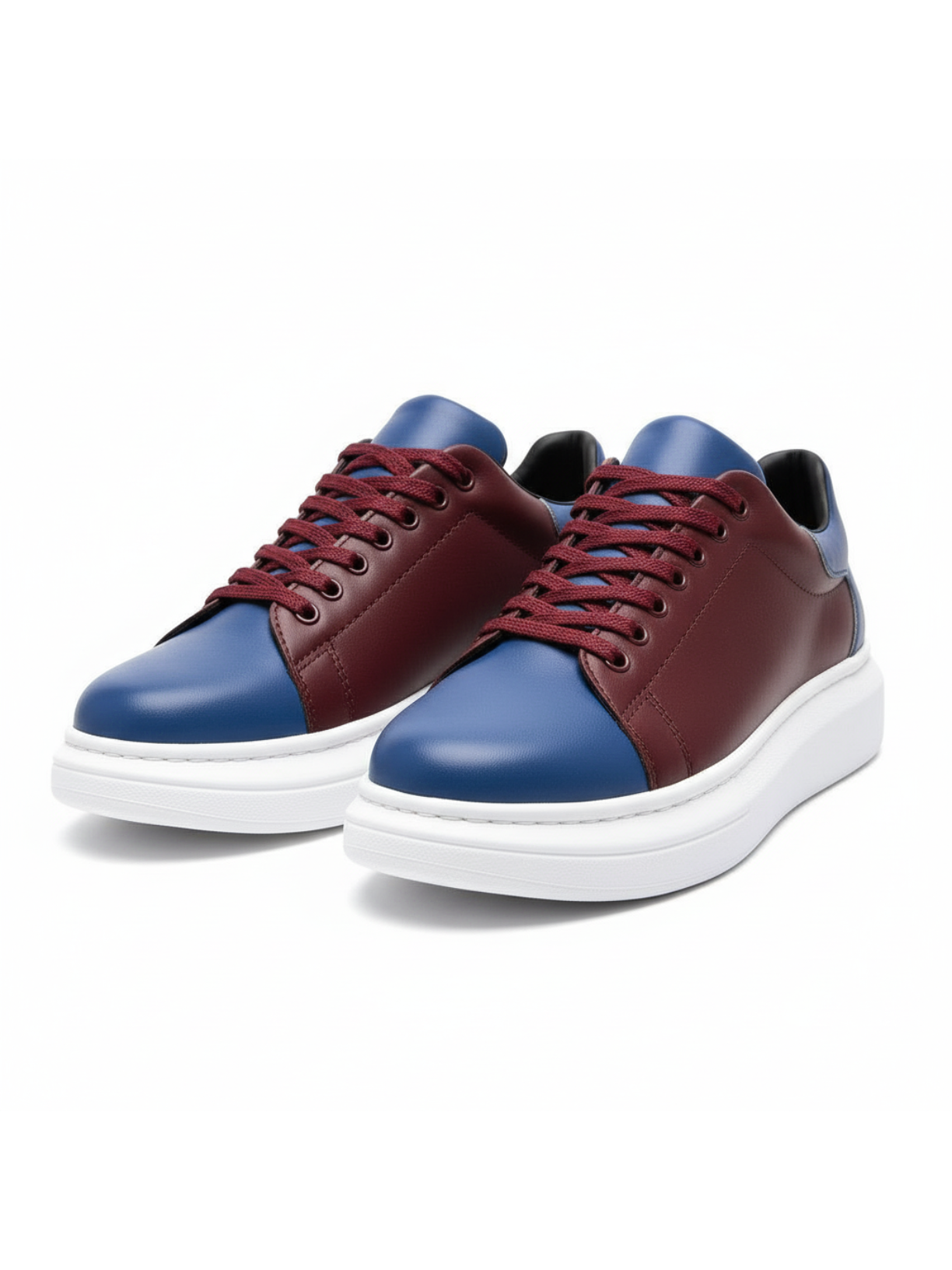 Men's Luna Bordeaux by Apollo Moda, burgundy and navy vegan leather sneaker with white sole, third angle