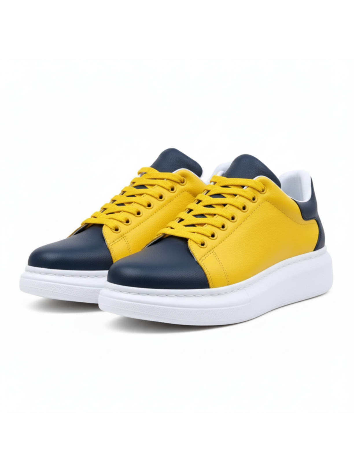 Men's Luna Solar by Apollo Moda, yellow and navy vegan leather sneaker with white sole, third angle