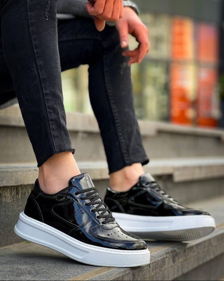 Men's Artemis Nova glossy black and white sneaker by Apollo Moda, fifth angle